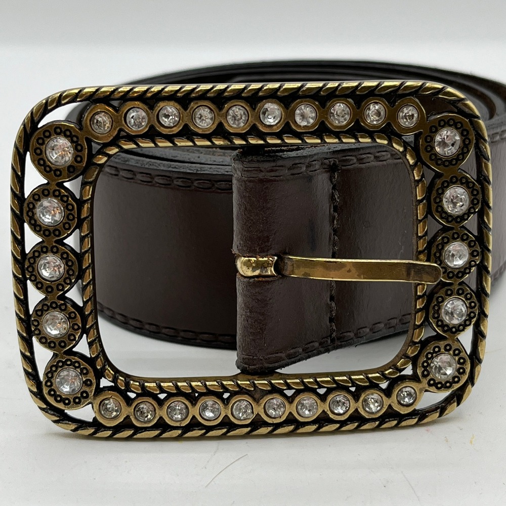Gap Womens Brown Leather Belt Rhinestone Brass Buckle Bling Size M Y2K Boho